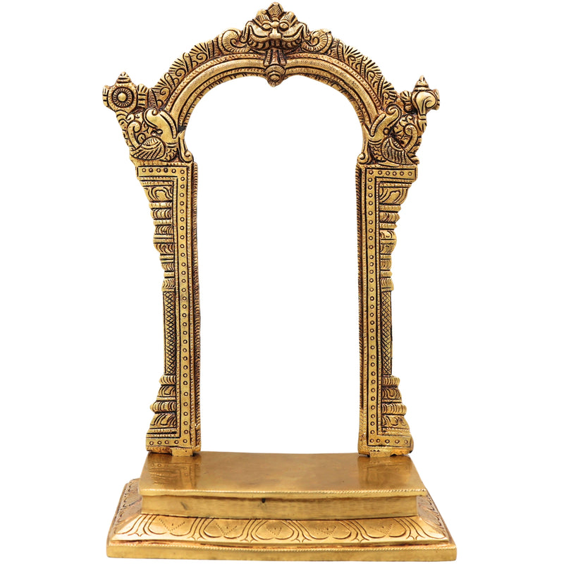 Brass Prabhavali with Chowki for Pooja, Home Temple & Mandir, Handcrafted Traditional Makara Torana Arch Stand, Gold, 12 Inch, 1 Piece