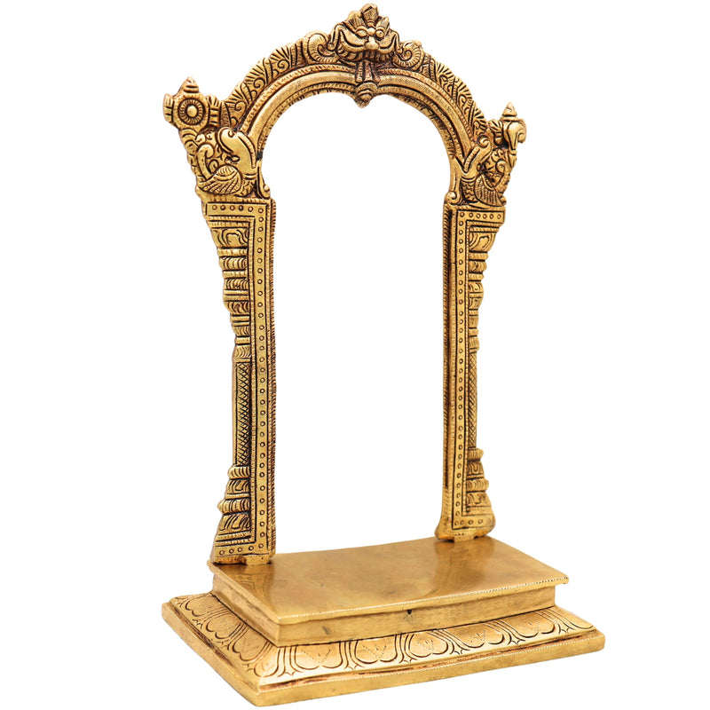Brass Prabhavali with Chowki for Pooja, Home Temple & Mandir, Handcrafted Traditional Makara Torana Arch Stand, Gold, 12 Inch, 1 Piece