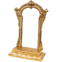 Brass Prabhavali with Chowki for Pooja, Home Temple & Mandir, Handcrafted Traditional Makara Torana Arch Stand, Gold, 12 Inch, 1 Piece