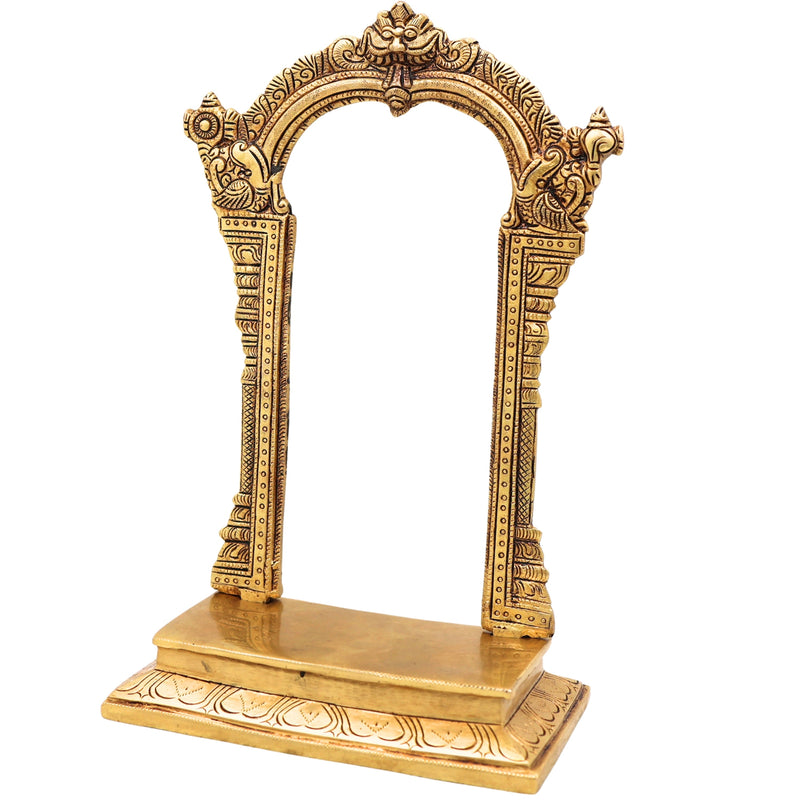 Brass Prabhavali with Chowki for Pooja, Home Temple & Mandir, Handcrafted Traditional Makara Torana Arch Stand, Gold, 12 Inch, 1 Piece