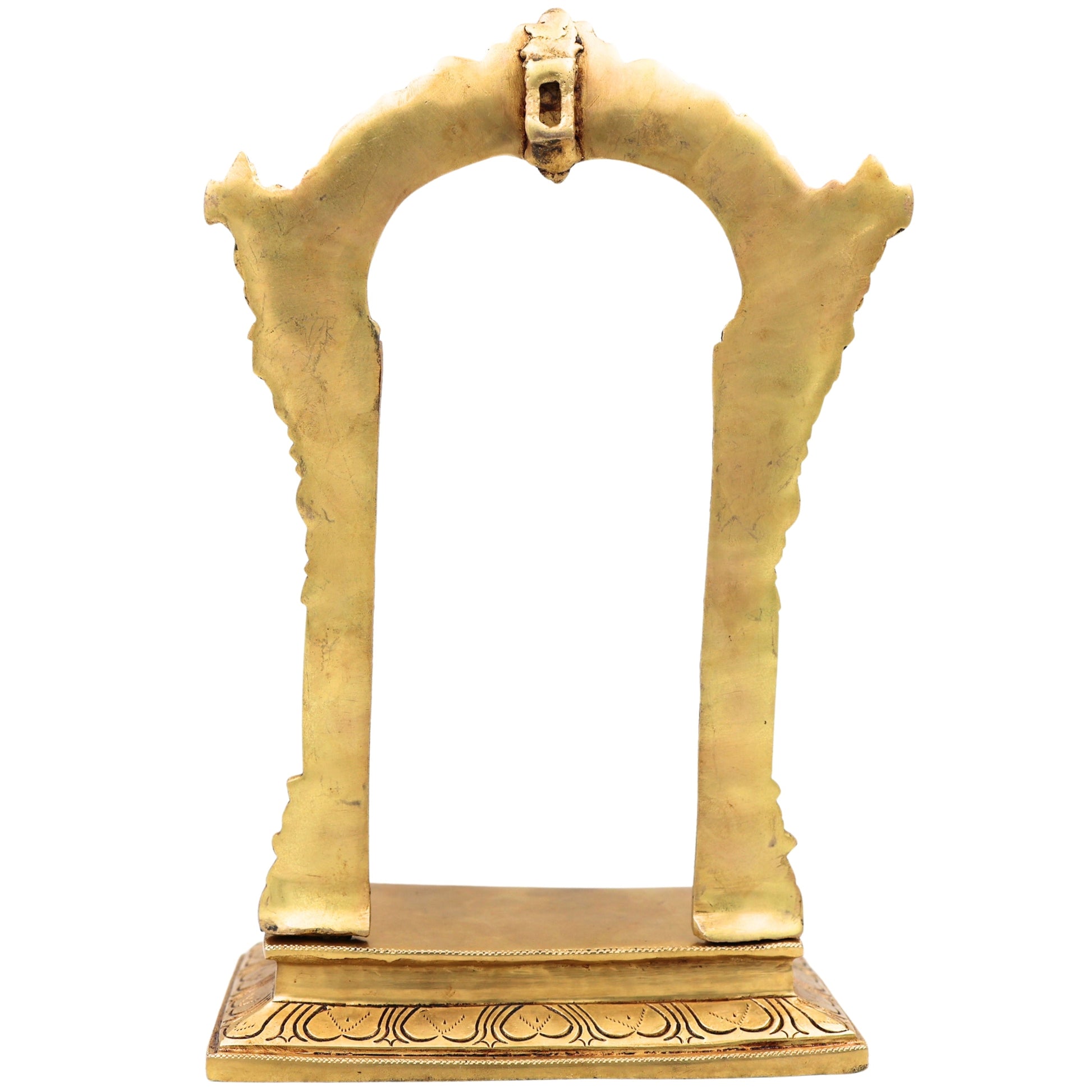 Brass Prabhavali with Chowki for Pooja, Home Temple & Mandir, Handcrafted Traditional Makara Torana Arch Stand, Gold, 12 Inch, 1 Piece