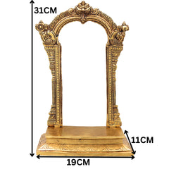 Brass Prabhavali with Chowki for Pooja, Home Temple & Mandir, Handcrafted Traditional Makara Torana Arch Stand, Gold, 12 Inch, 1 Piece