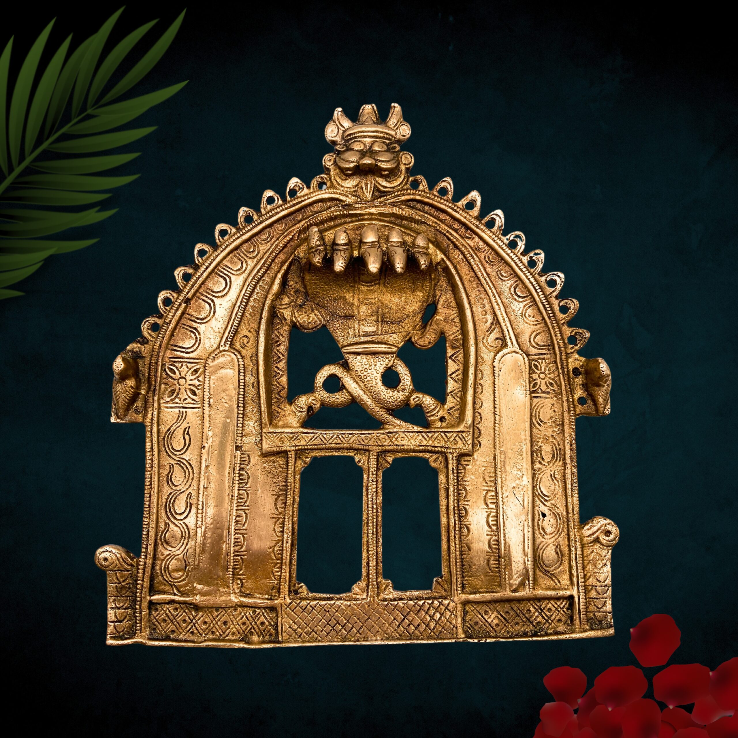 Bhunes Handmade Brass Prabhavali Frame Arch – Traditional Prabhawali Wall Hanging for Temple & Home Decor | Prabhaval Backplate for Deity Idol with Aura Design, Gold, 9 Inch, 1 Piece