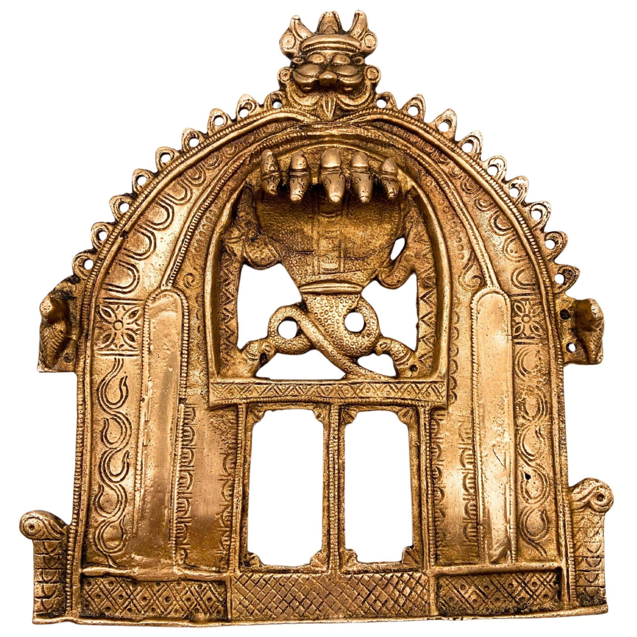 Bhunes Handmade Brass Prabhavali Frame Arch – Traditional Prabhawali Wall Hanging for Temple & Home Decor | Prabhaval Backplate for Deity Idol with Aura Design, Gold, 9 Inch, 1 Piece