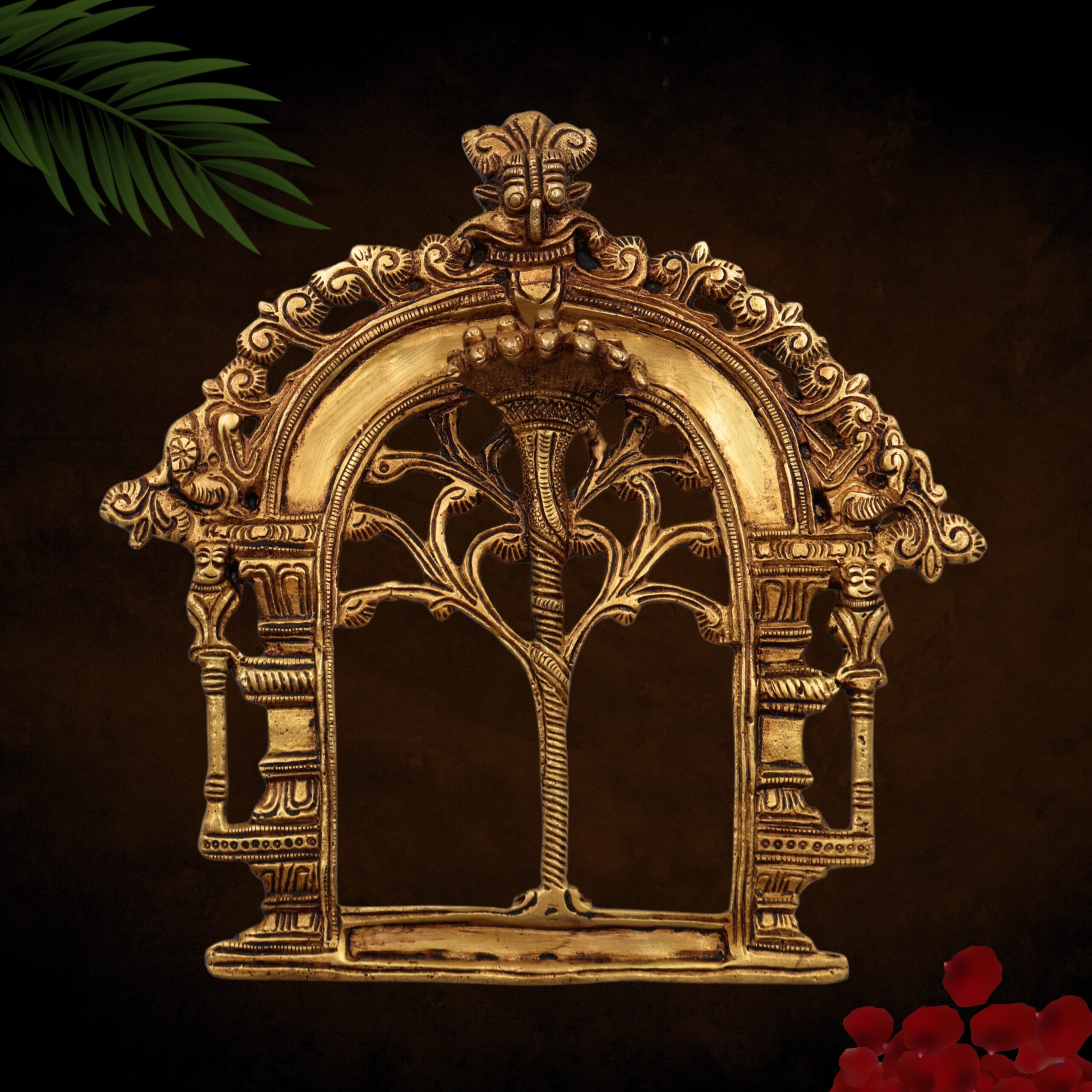 Bhunes Brass Prabhavali Arch Frame – Wall Hanging Kirtimukha Prabhawali | Traditional Pooja Temple Decor | Prabhaval for Home & Deity Idol Backdrop, Gold, 8 Inch, 1 Piece
