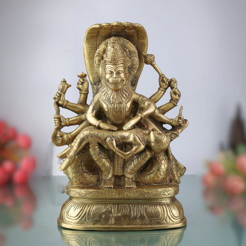 Ugra Narasimha Brass Idol Killing Hiranyakashipu, Lakshmi Narasimha Murti, Veera Narasimha Vigraha, Lord Narasimha Pooja Statue, Prahlada Protection Sculpture,Gold, 12 Inch, 1 Piece