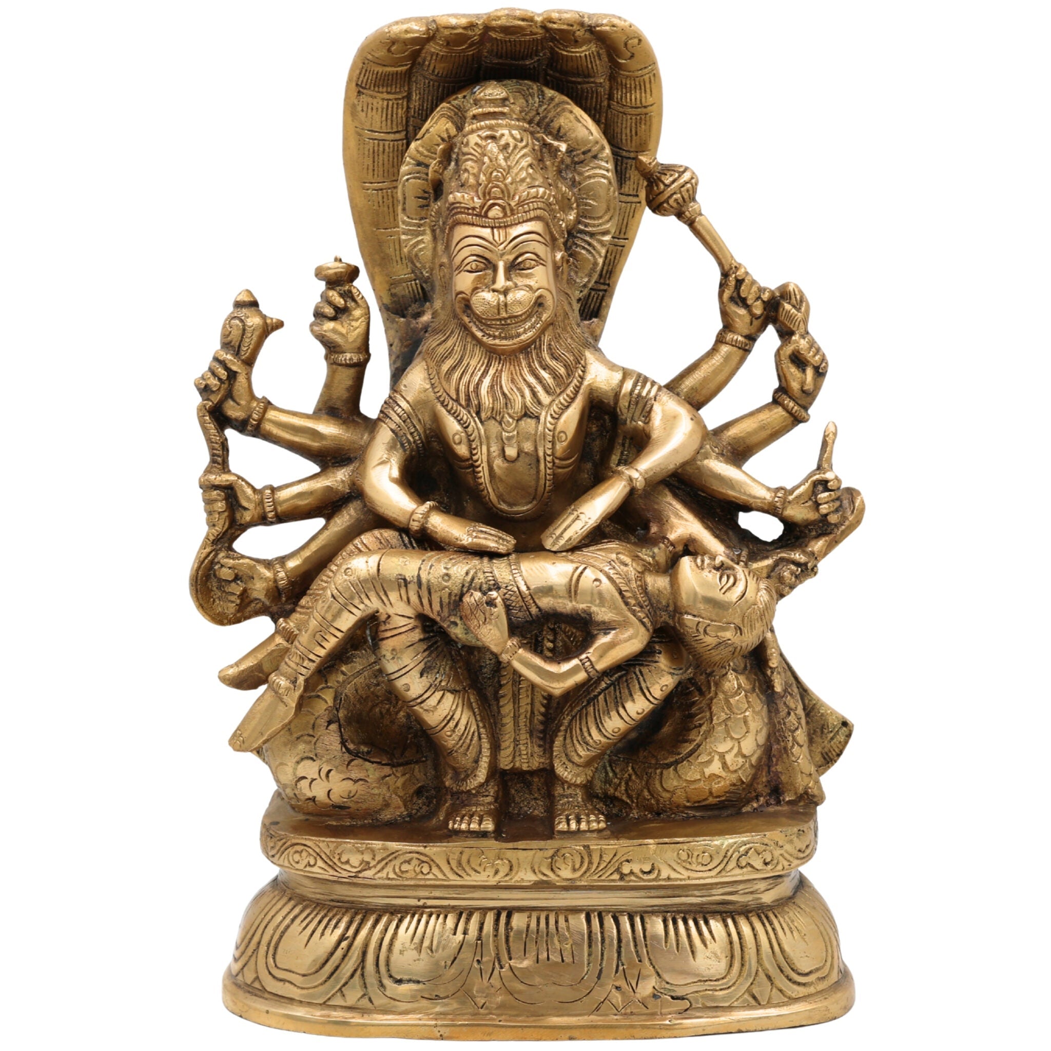 Ugra Narasimha Brass Idol Killing Hiranyakashipu, Lakshmi Narasimha Murti, Veera Narasimha Vigraha, Lord Narasimha Pooja Statue, Prahlada Protection Sculpture,Gold, 12 Inch, 1 Piece