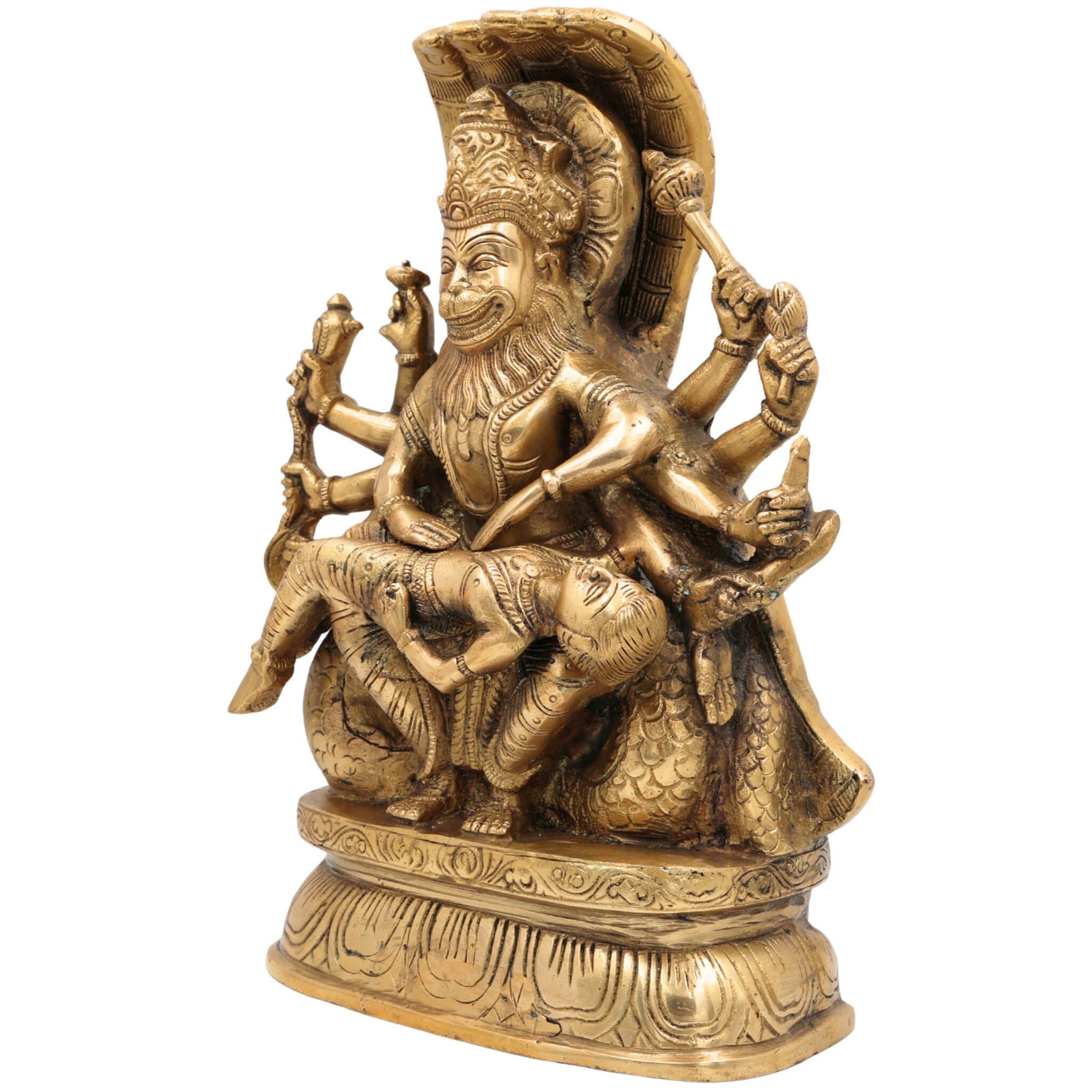 Ugra Narasimha Brass Idol Killing Hiranyakashipu, Lakshmi Narasimha Murti, Veera Narasimha Vigraha, Lord Narasimha Pooja Statue, Prahlada Protection Sculpture,Gold, 12 Inch, 1 Piece