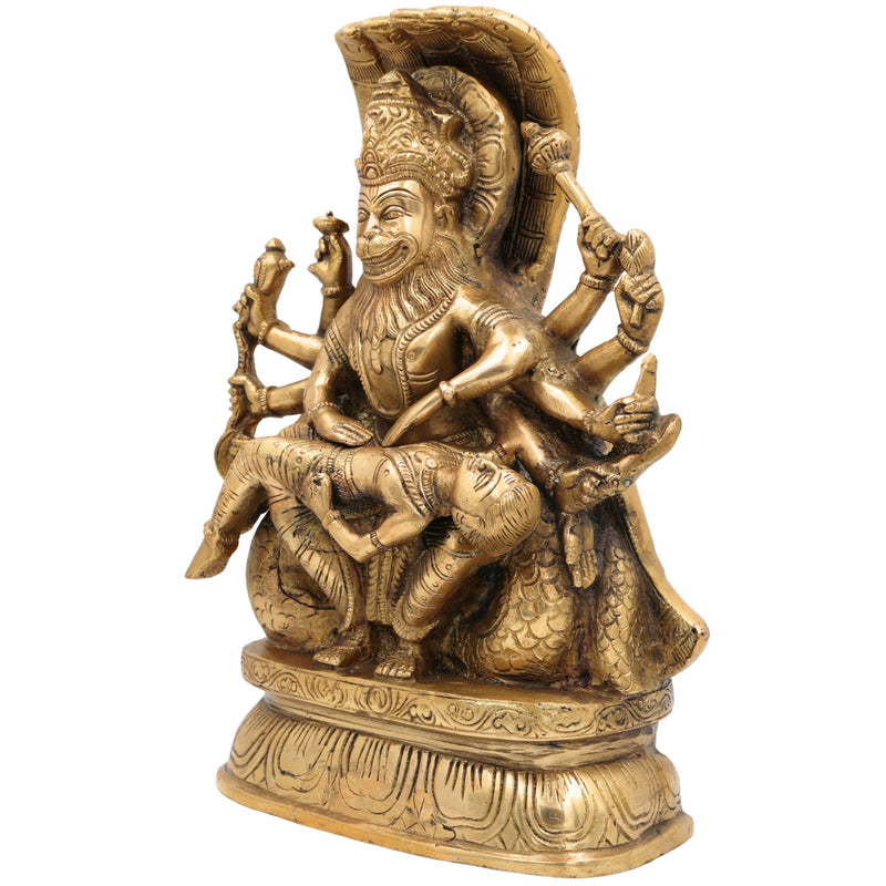 Ugra Narasimha Brass Idol Killing Hiranyakashipu, Lakshmi Narasimha Murti, Veera Narasimha Vigraha, Lord Narasimha Pooja Statue, Prahlada Protection Sculpture,Gold, 12 Inch, 1 Piece