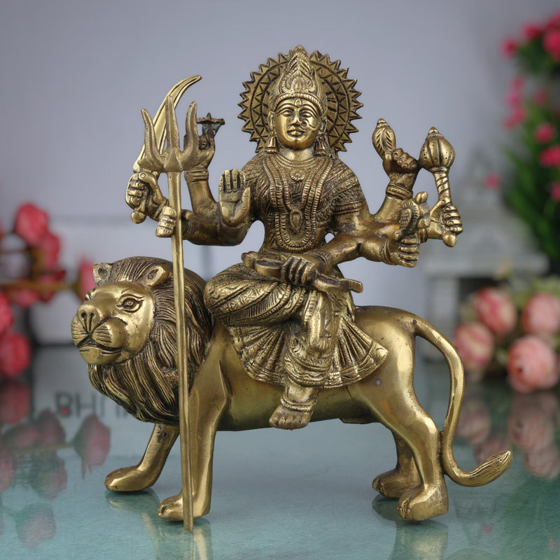 Brass Durga Devi Idol – Mahishasura Mardini | Simhavahini Adi Shakti Murti | Peetal Shakti Statue for Pooja, Home Temple & Decor,Gold, 10 Inch, 1 Piece