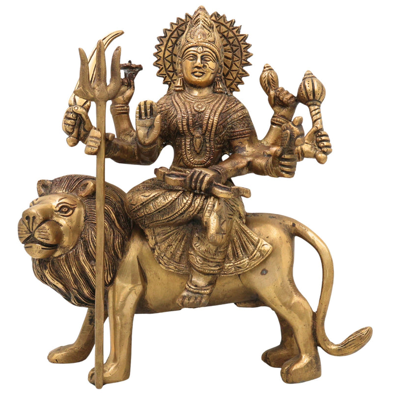 Brass Durga Devi Idol – Mahishasura Mardini | Simhavahini Adi Shakti Murti | Peetal Shakti Statue for Pooja, Home Temple & Decor,Gold, 10 Inch, 1 Piece
