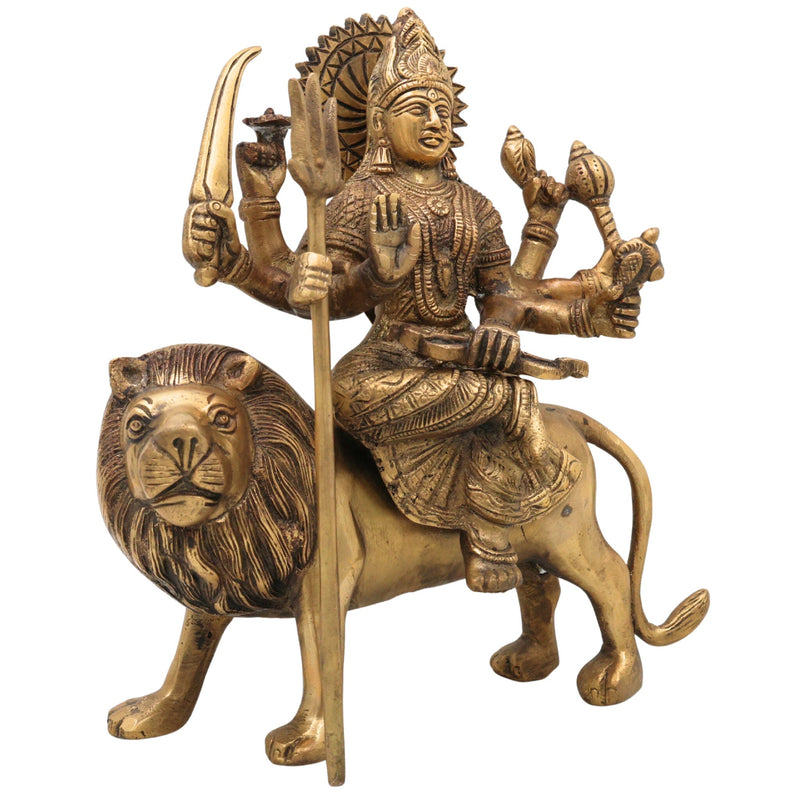 Brass Durga Devi Idol – Mahishasura Mardini | Simhavahini Adi Shakti Murti | Peetal Shakti Statue for Pooja, Home Temple & Decor,Gold, 10 Inch, 1 Piece