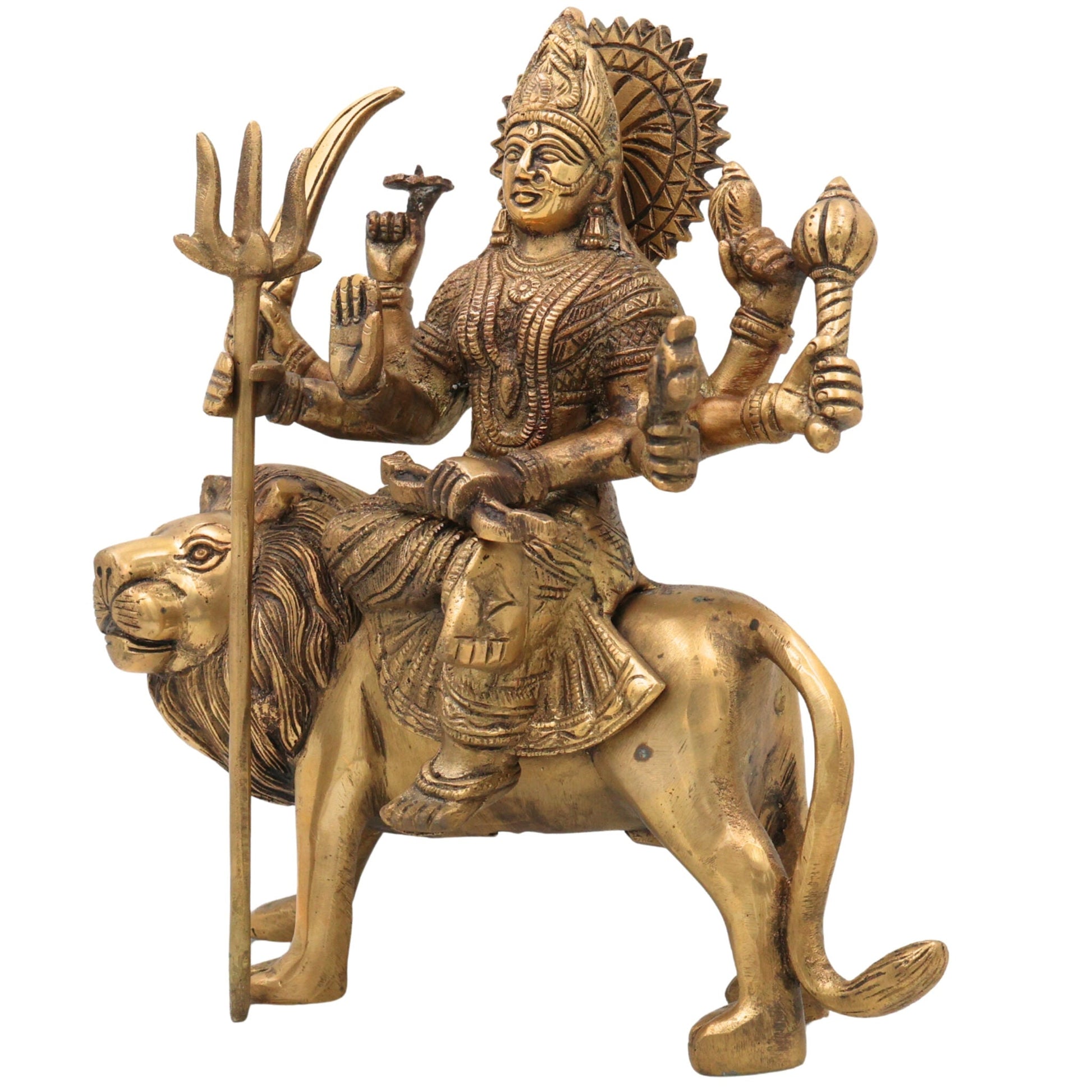 Brass Durga Devi Idol – Mahishasura Mardini | Simhavahini Adi Shakti Murti | Peetal Shakti Statue for Pooja, Home Temple & Decor,Gold, 10 Inch, 1 Piece