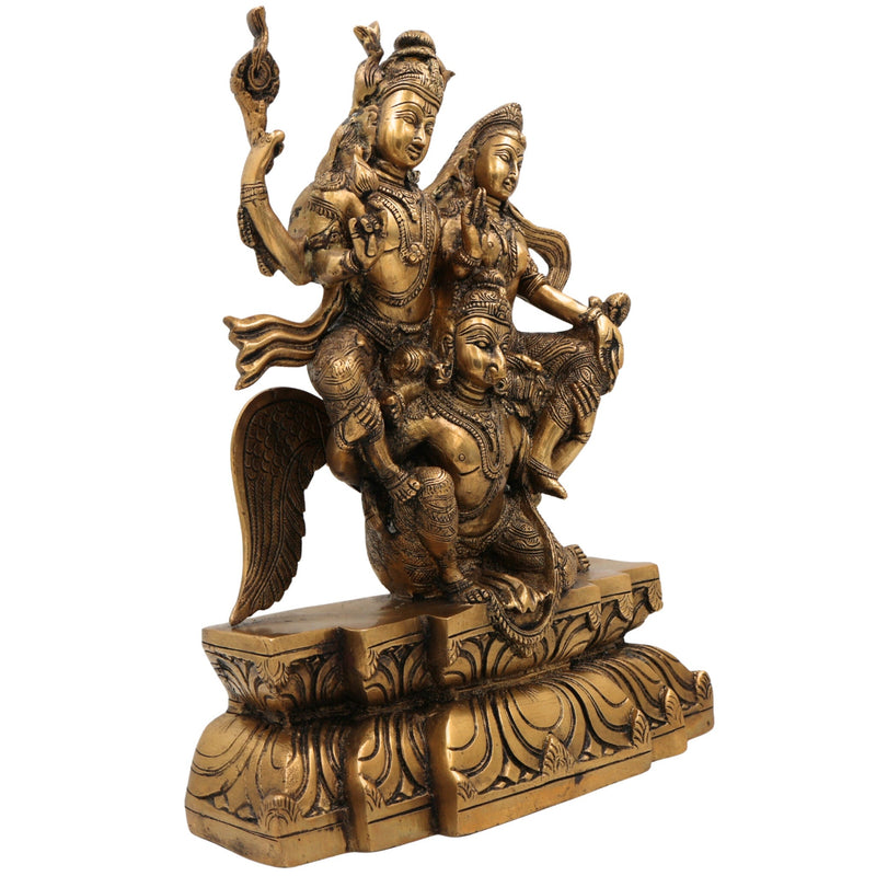 Brass Vishnu Lakshmi on Garuda Idol | Narayana Lakshmi Garudadhvaja Murti | Vaikunthanatha Vishnu Lakshmi Statue for Temple & Home Decor,Gold, 12 Inch, 1 Piece