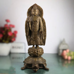 Brass Standing Buddha on Tortoise Idol | Buddha Murti Statue Vigraha Pratima Moorthi Sculpture | Peetal Pital Pittal Ashtadhatu Buddhist Home Decor & Vastu Showpiece, Gold, 19 Inch, 1 Piece