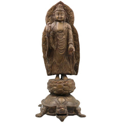 Brass Standing Buddha on Tortoise Idol | Buddha Murti Statue Vigraha Pratima Moorthi Sculpture | Peetal Pital Pittal Ashtadhatu Buddhist Home Decor & Vastu Showpiece, Gold, 19 Inch, 1 Piece