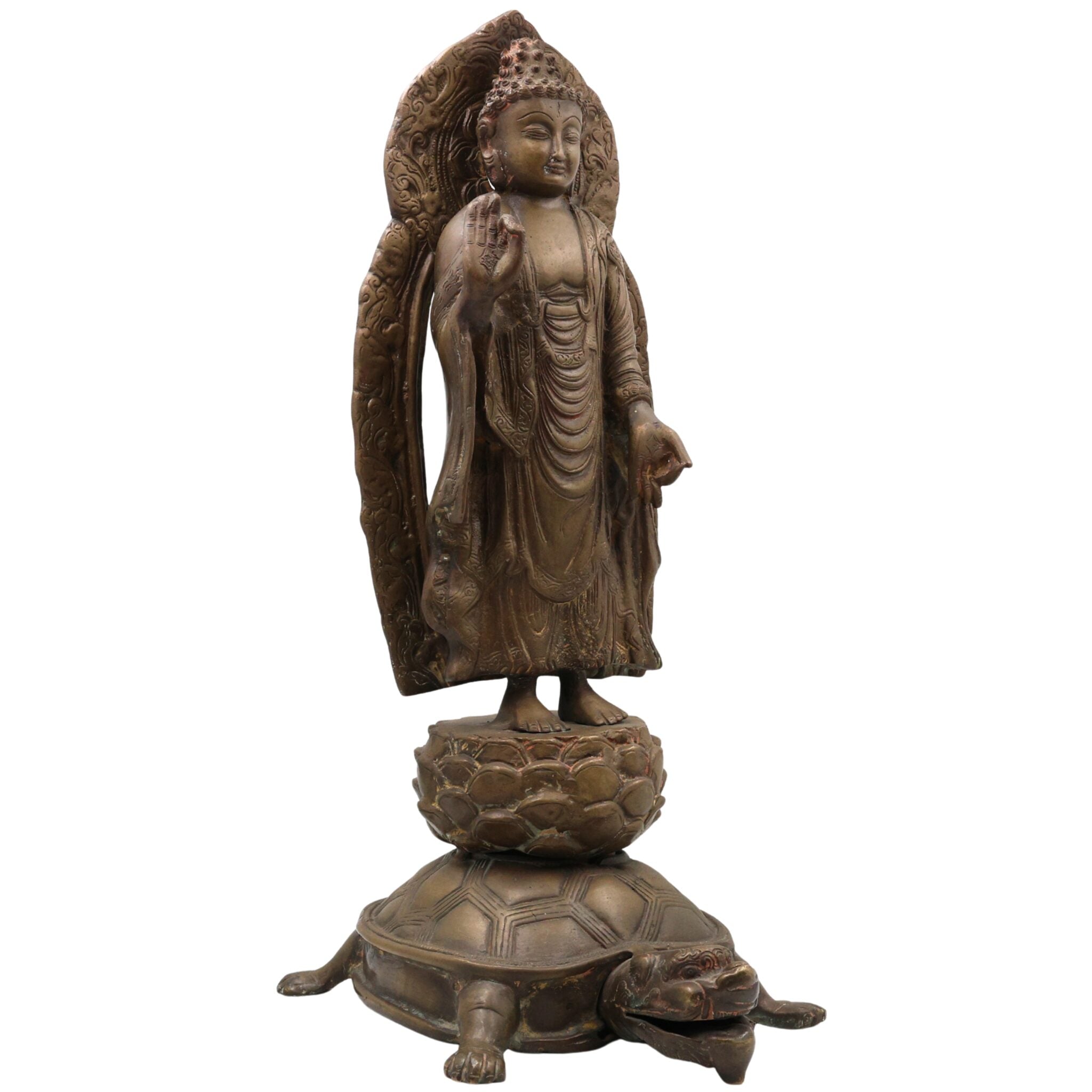 Brass Standing Buddha on Tortoise Idol | Buddha Murti Statue Vigraha Pratima Moorthi Sculpture | Peetal Pital Pittal Ashtadhatu Buddhist Home Decor & Vastu Showpiece, Gold, 19 Inch, 1 Piece