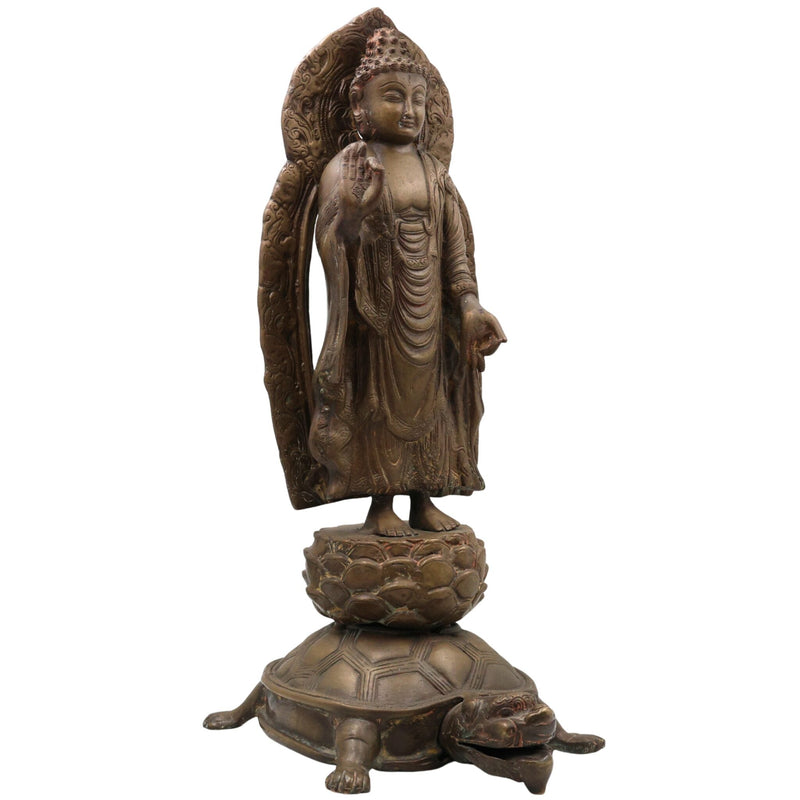 Brass Standing Buddha on Tortoise Idol | Buddha Murti Statue Vigraha Pratima Moorthi Sculpture | Peetal Pital Pittal Ashtadhatu Buddhist Home Decor & Vastu Showpiece, Gold, 19 Inch, 1 Piece