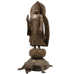 Brass Standing Buddha on Tortoise Idol | Buddha Murti Statue Vigraha Pratima Moorthi Sculpture | Peetal Pital Pittal Ashtadhatu Buddhist Home Decor & Vastu Showpiece, Gold, 19 Inch, 1 Piece