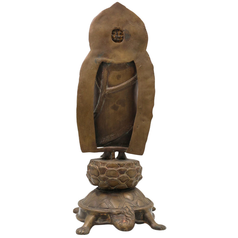 Brass Standing Buddha on Tortoise Idol | Buddha Murti Statue Vigraha Pratima Moorthi Sculpture | Peetal Pital Pittal Ashtadhatu Buddhist Home Decor & Vastu Showpiece, Gold, 19 Inch, 1 Piece