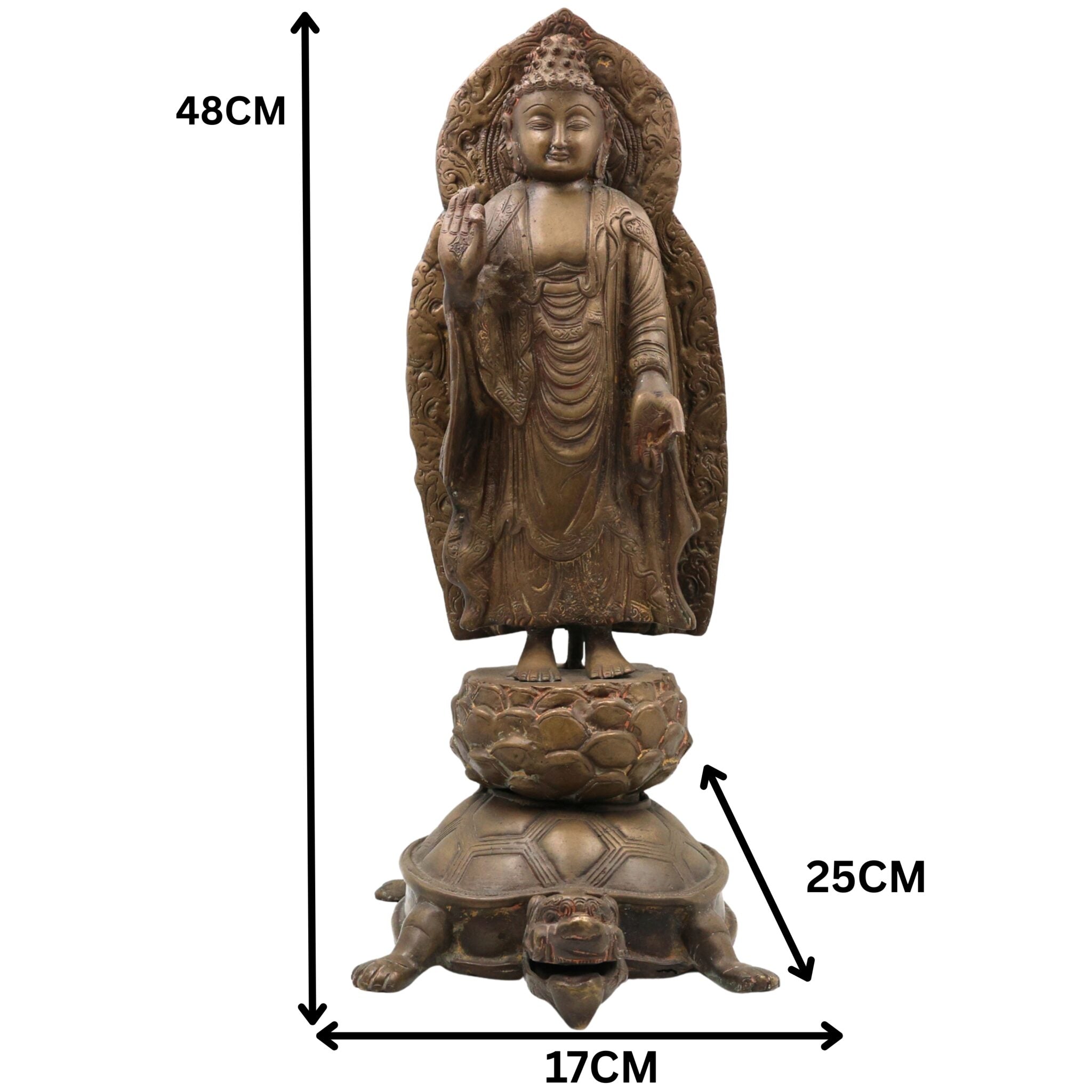 Brass Standing Buddha on Tortoise Idol | Buddha Murti Statue Vigraha Pratima Moorthi Sculpture | Peetal Pital Pittal Ashtadhatu Buddhist Home Decor & Vastu Showpiece, Gold, 19 Inch, 1 Piece