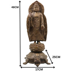 Brass Standing Buddha on Tortoise Idol | Buddha Murti Statue Vigraha Pratima Moorthi Sculpture | Peetal Pital Pittal Ashtadhatu Buddhist Home Decor & Vastu Showpiece, Gold, 19 Inch, 1 Piece