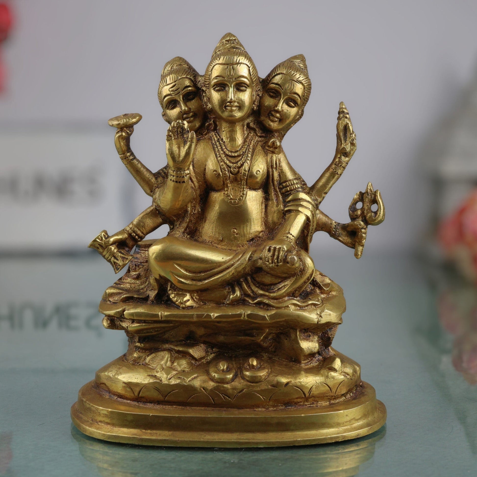 Brass Dattatreya Idol, Pital Trimurti Datta Murti, Handcrafted Datta Bhagwan Statue for Pooja, Home Decor & Gifts, Gold, 6 Inch, 1 Piece