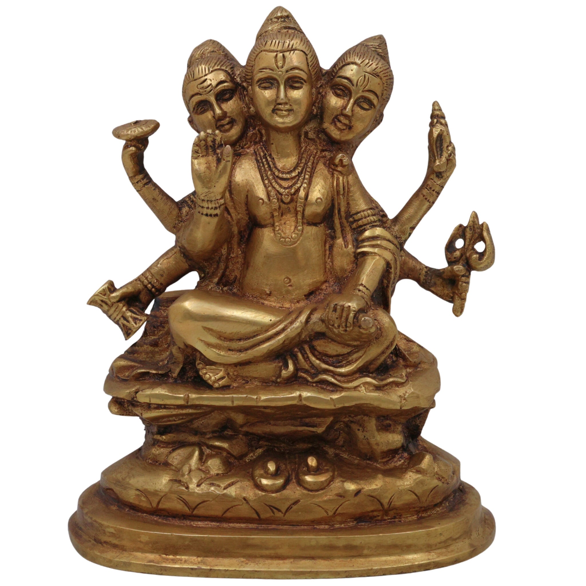Brass Dattatreya Idol, Pital Trimurti Datta Murti, Handcrafted Datta Bhagwan Statue for Pooja, Home Decor & Gifts, Gold, 6 Inch, 1 Piece