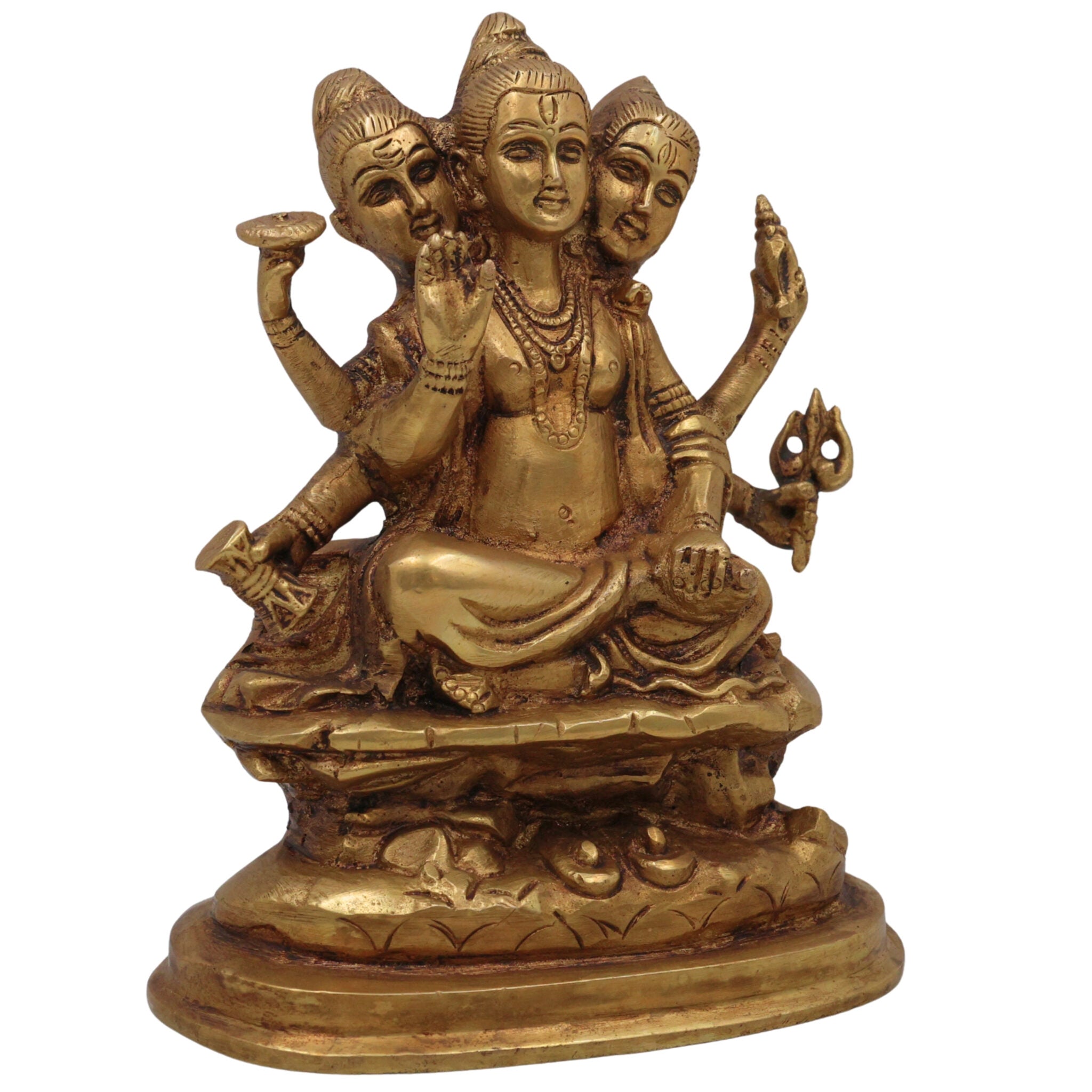 Brass Dattatreya Idol, Pital Trimurti Datta Murti, Handcrafted Datta Bhagwan Statue for Pooja, Home Decor & Gifts, Gold, 6 Inch, 1 Piece