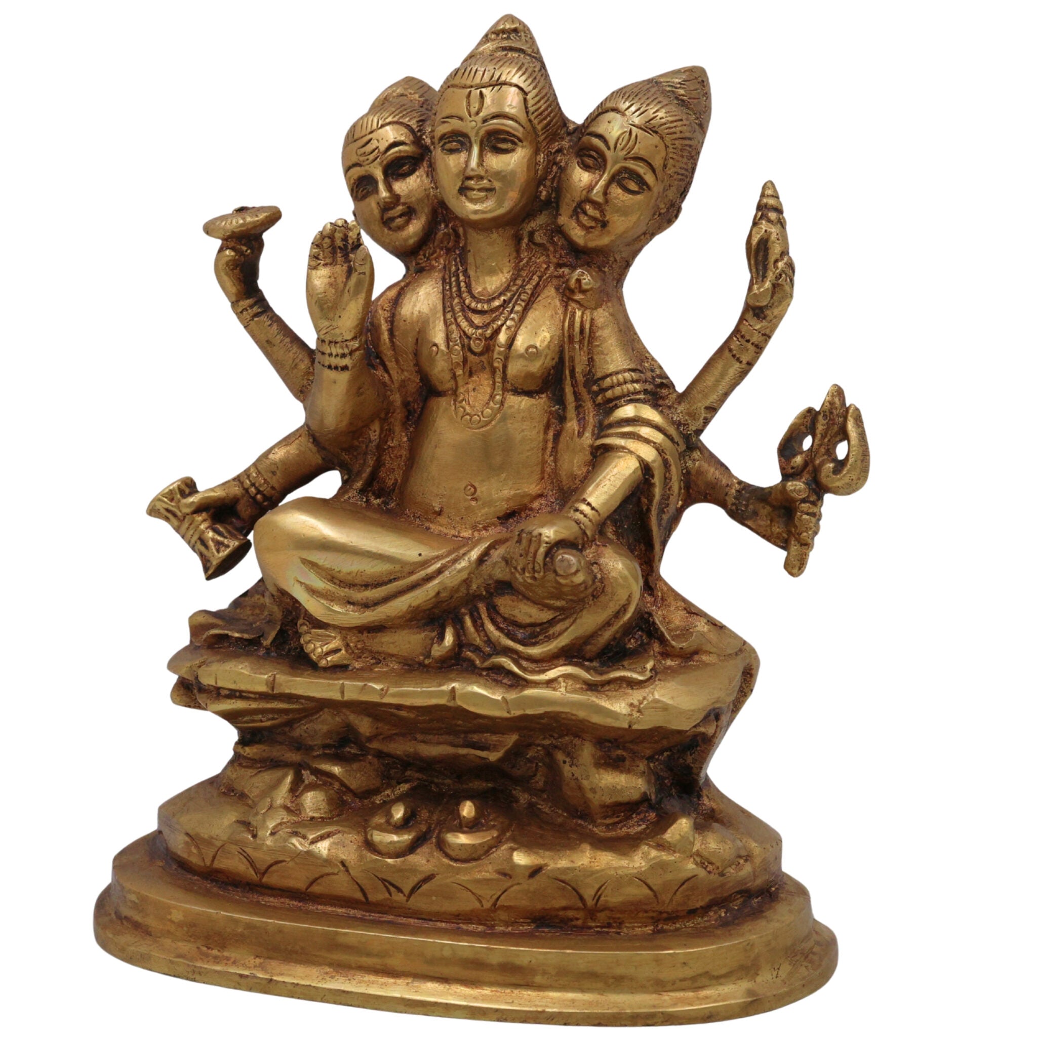 Brass Dattatreya Idol, Pital Trimurti Datta Murti, Handcrafted Datta Bhagwan Statue for Pooja, Home Decor & Gifts, Gold, 6 Inch, 1 Piece