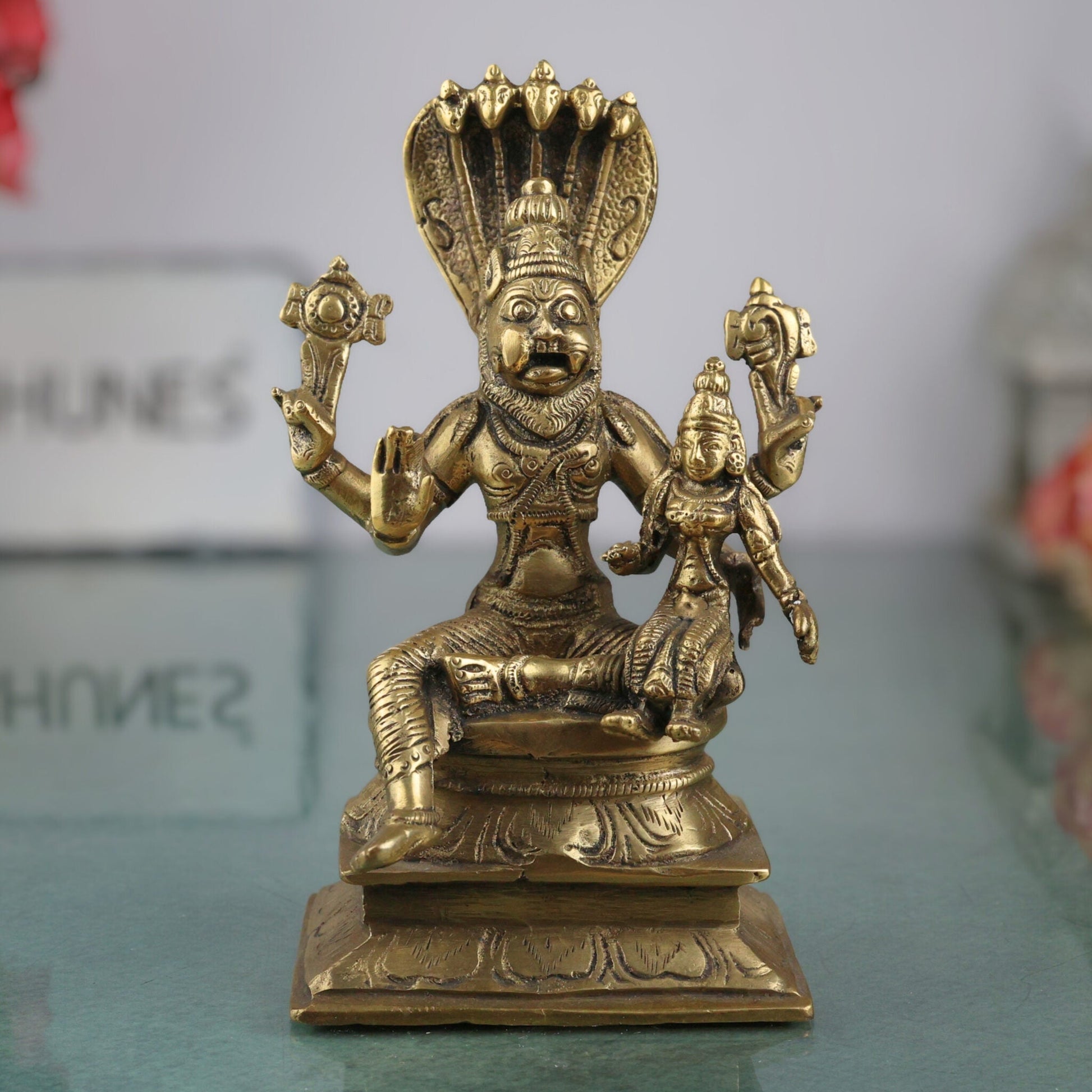Brass Lakshmi Narasimha Idol, Laxmi Narasingh Ji Ki Murti, Narasingha Silai, Gold, 7 Inch, 1 Piece