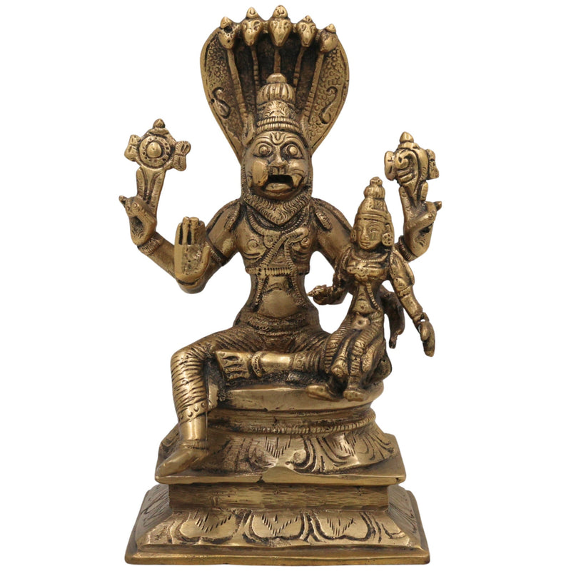 Brass Lakshmi Narasimha Idol, Laxmi Narasingh Ji Ki Murti, Narasingha Silai, Gold, 7 Inch, 1 Piece
