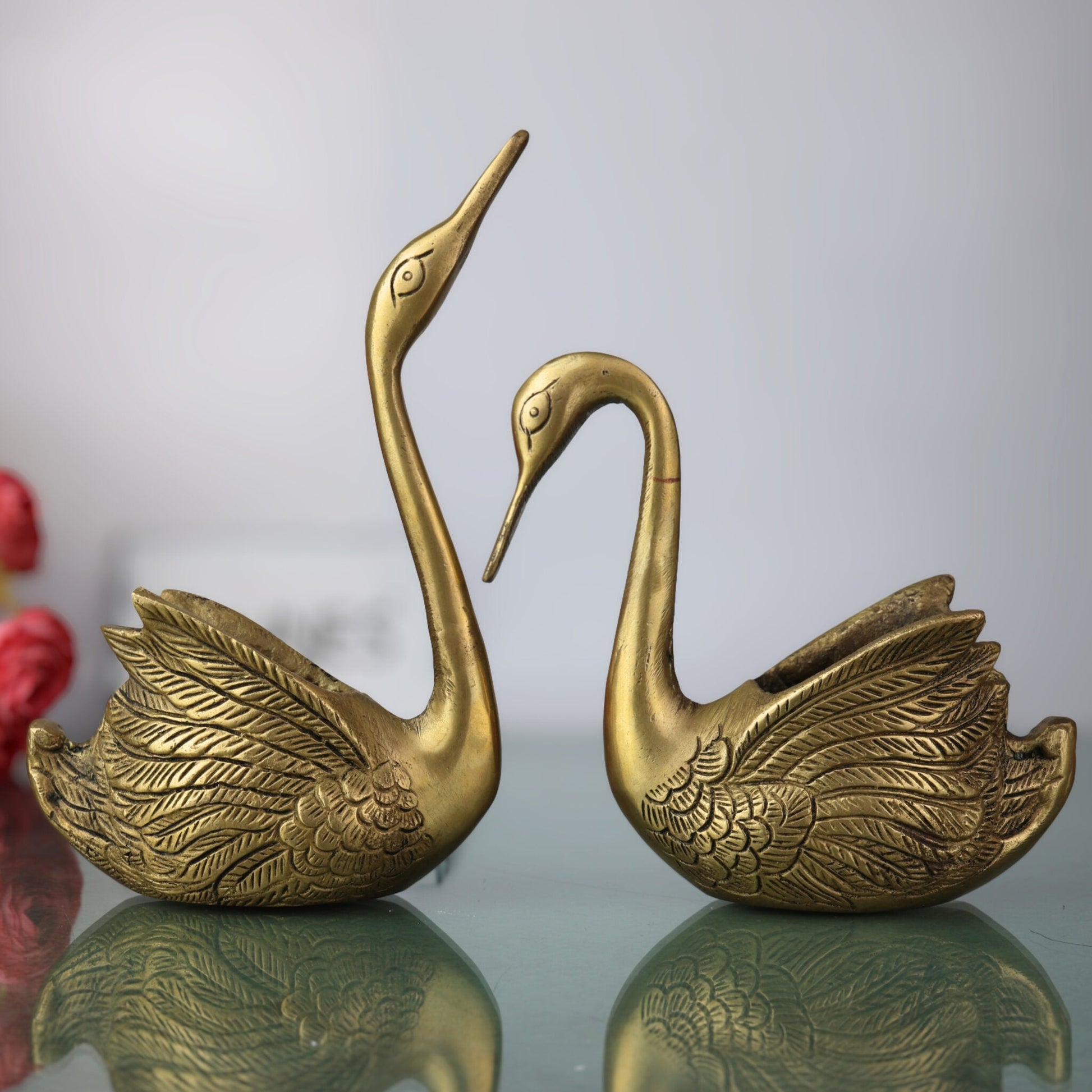 Brass Swan & Duck Card Holder, Peetal Pen Stand, Decorative Brass Desk Organizer, Handcrafted Pittal Idol, Traditional Indian Brass Sculpture, Gold, 8 Inch, 1 Piece