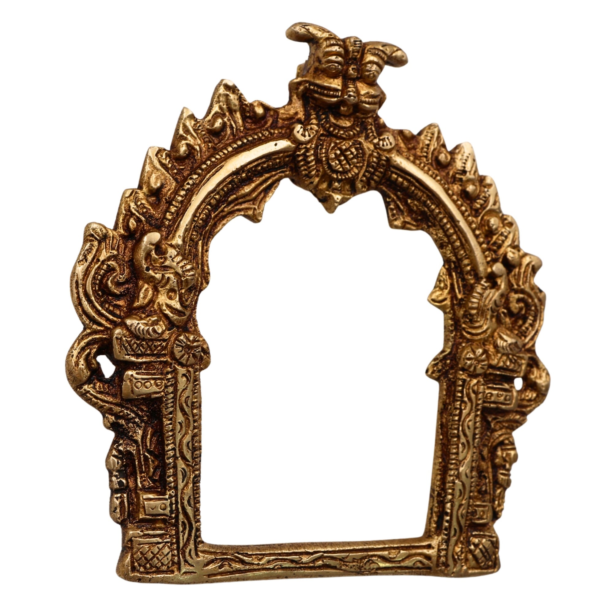 Small Brass Prabhavali Arch Frame for Deity | Temple Wall Hanging Prabhawali Prabhaval Decor | Handcrafted Prabhavali for Pooja Mandir Backdrop, Gold, 5 Inch, 1 Piece