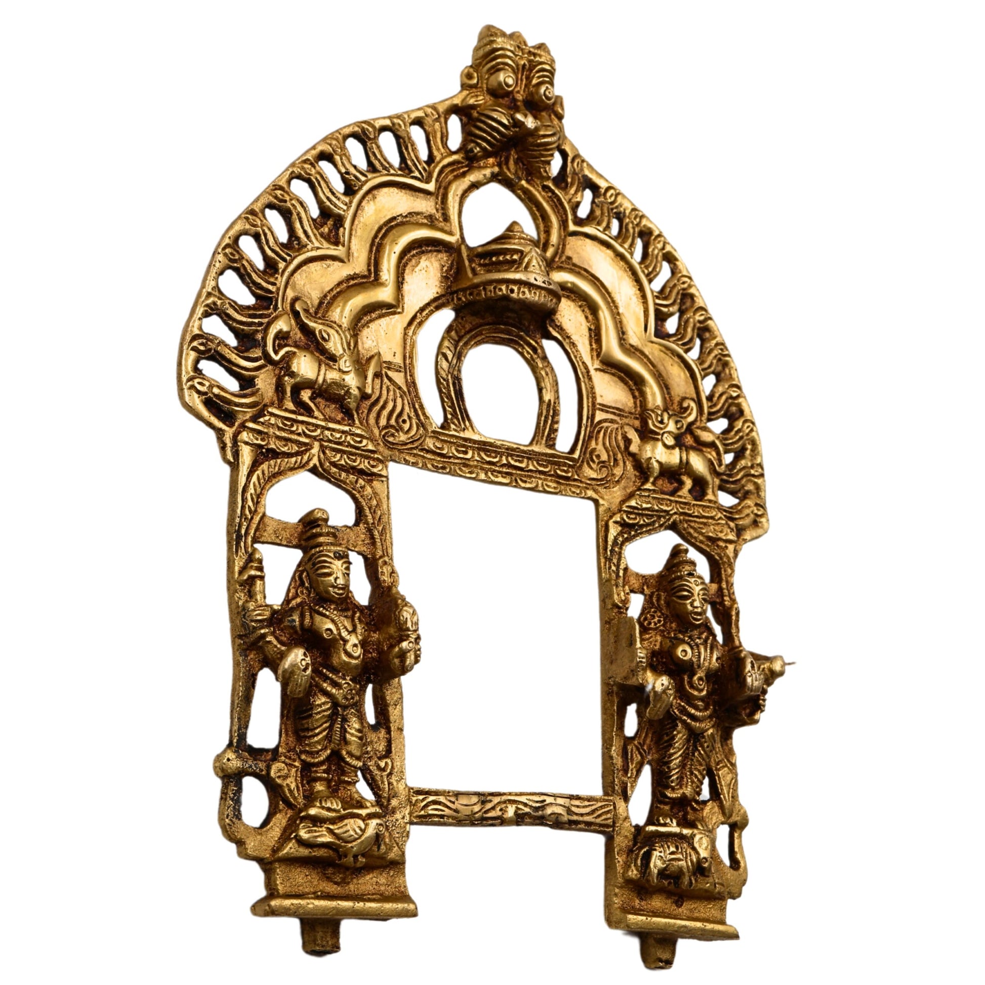 Brass Handcrafted Prabhavali Frame with Dwarpal – Wall Hanging Arch for Home Temple Decor, Prabhawali for Deity, Traditional Prabhaval Backdrop, Gold, 11 Inch, 1 Piece