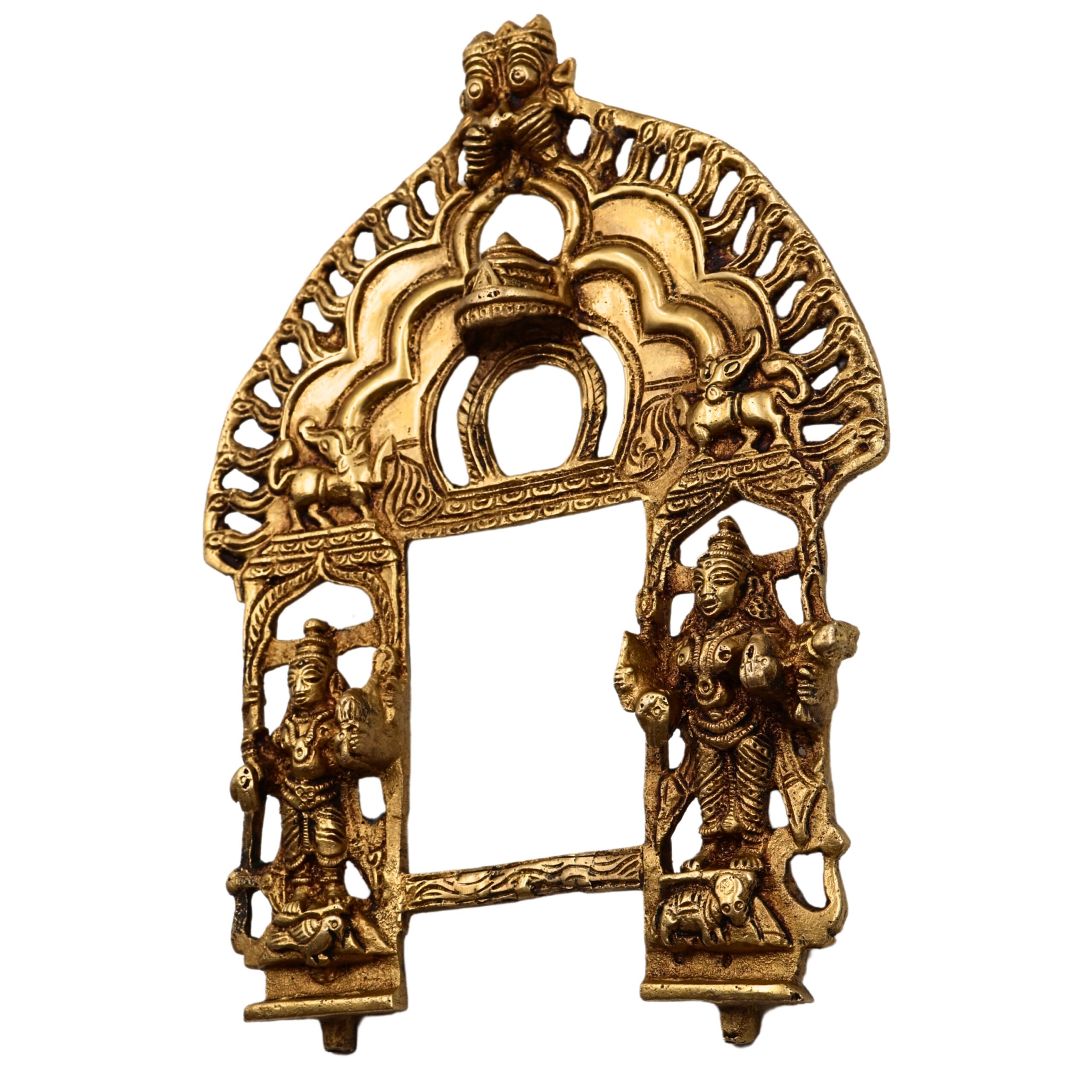 Brass Handcrafted Prabhavali Frame with Dwarpal – Wall Hanging Arch for Home Temple Decor, Prabhawali for Deity, Traditional Prabhaval Backdrop, Gold, 11 Inch, 1 Piece