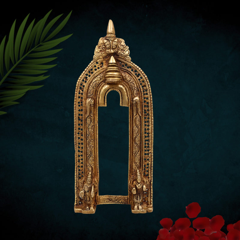 Bhunes Brass Handcrafted Prabhavali Arch Frame – Temple Wall Hanging with Kirtimukha for Deities | Traditional Brass Backdrop for Home Mandir Decor, Gold, 13 Inch, 1 Piece