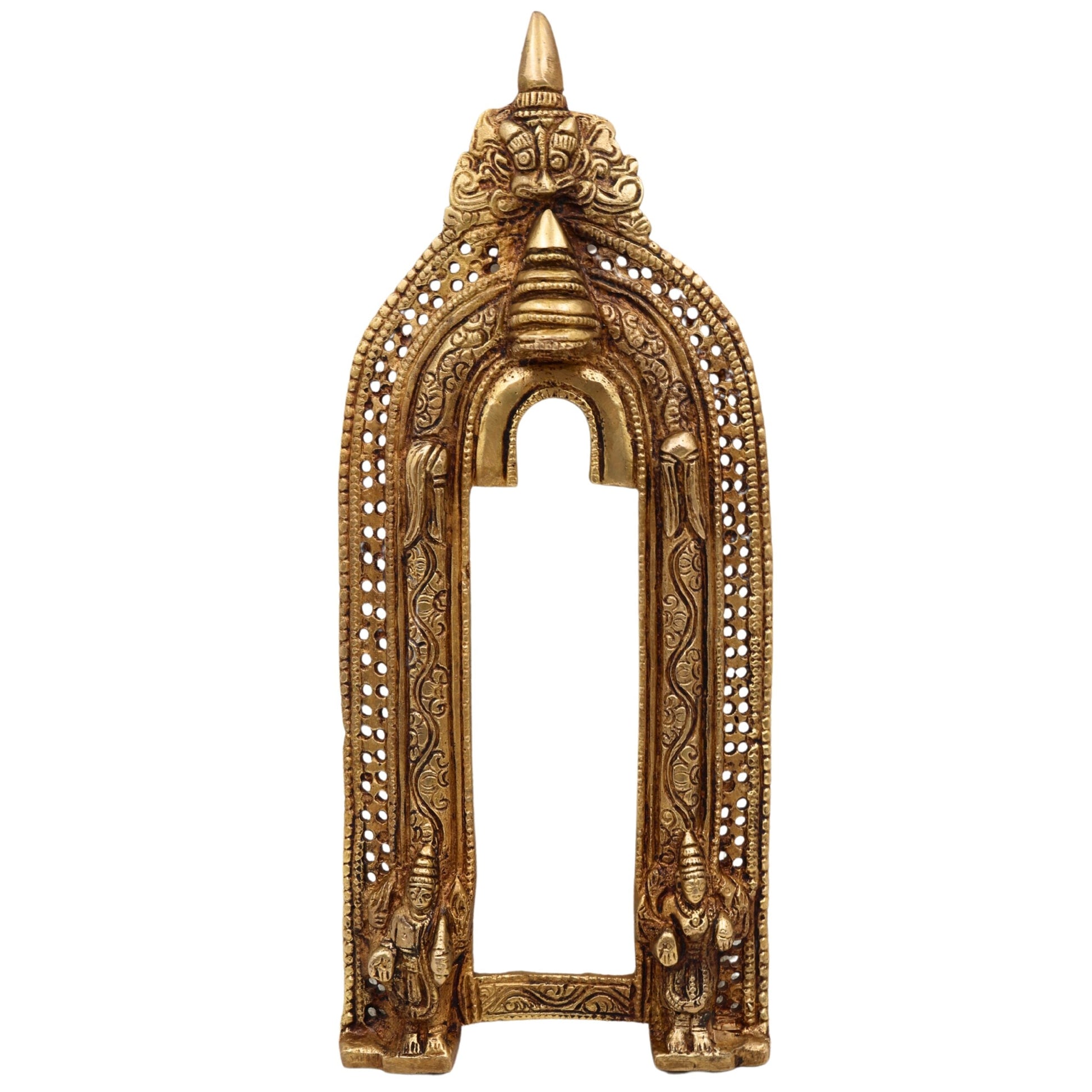 Bhunes Brass Handcrafted Prabhavali Arch Frame – Temple Wall Hanging with Kirtimukha for Deities | Traditional Brass Backdrop for Home Mandir Decor, Gold, 13 Inch, 1 Piece