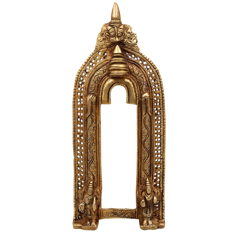 Bhunes Brass Handcrafted Prabhavali Arch Frame – Temple Wall Hanging with Kirtimukha for Deities | Traditional Brass Backdrop for Home Mandir Decor, Gold, 13 Inch, 1 Piece