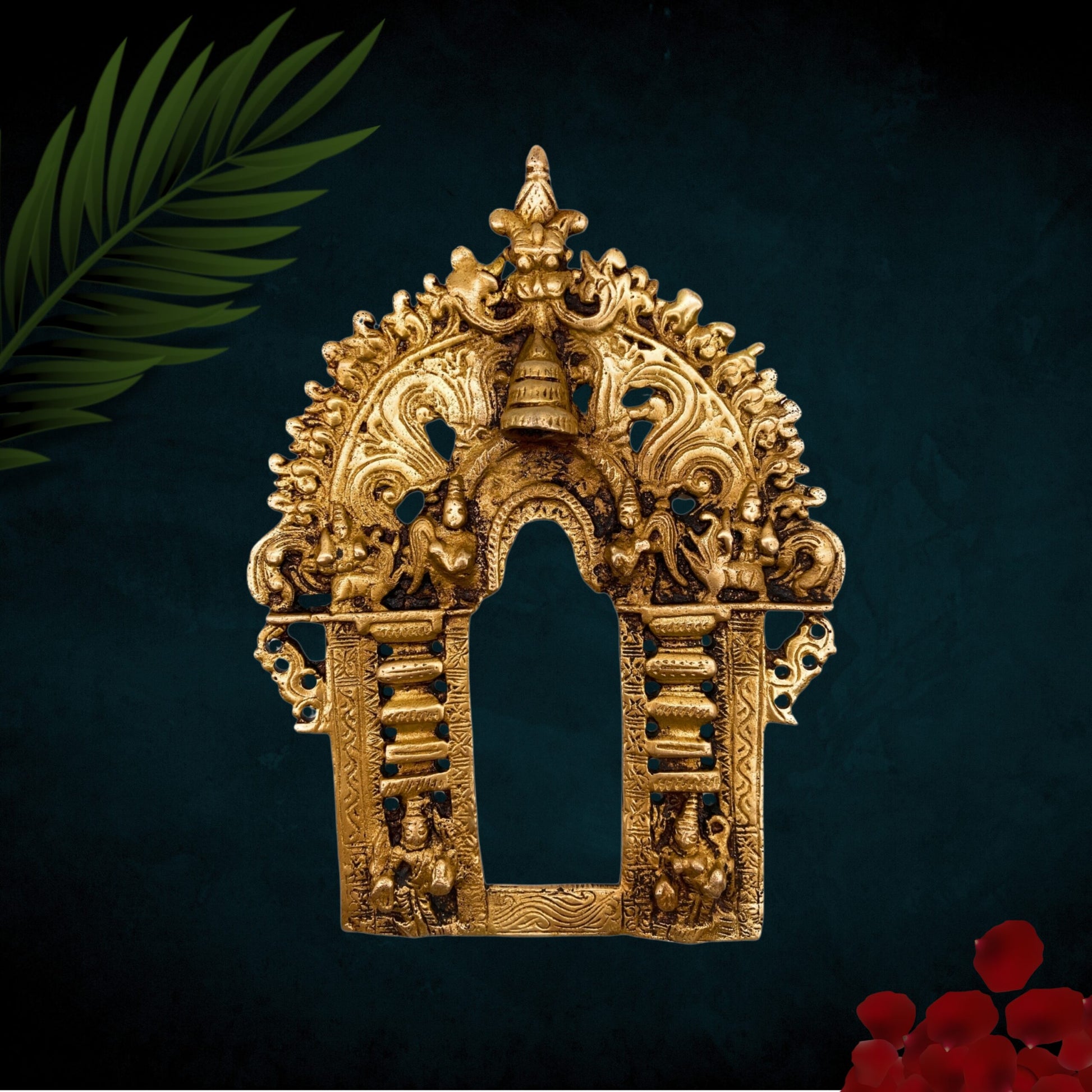 Bhunes Brass Handcrafted Prabhavali Frame with Two Dwarpal – Wall Hanging Arch for Temple & Home Decor | Prabhawali Backdrop for Deity, Mandir & Spiritual Pooja, Gold, 8.5 Inch, 1 Piece