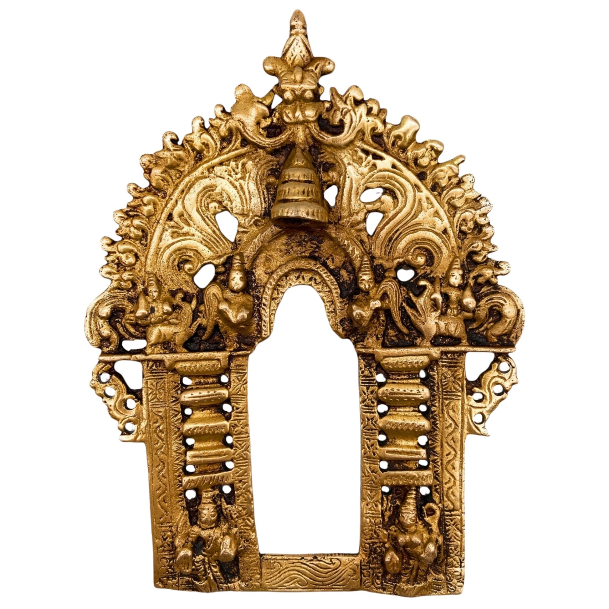 Bhunes Brass Handcrafted Prabhavali Frame with Two Dwarpal – Wall Hanging Arch for Temple & Home Decor | Prabhawali Backdrop for Deity, Mandir & Spiritual Pooja, Gold, 8.5 Inch, 1 Piece