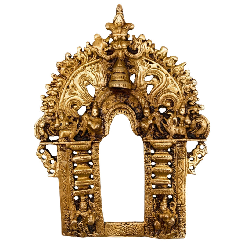 Bhunes Brass Handcrafted Prabhavali Frame with Two Dwarpal – Wall Hanging Arch for Temple & Home Decor | Prabhawali Backdrop for Deity, Mandir & Spiritual Pooja, Gold, 8.5 Inch, 1 Piece
