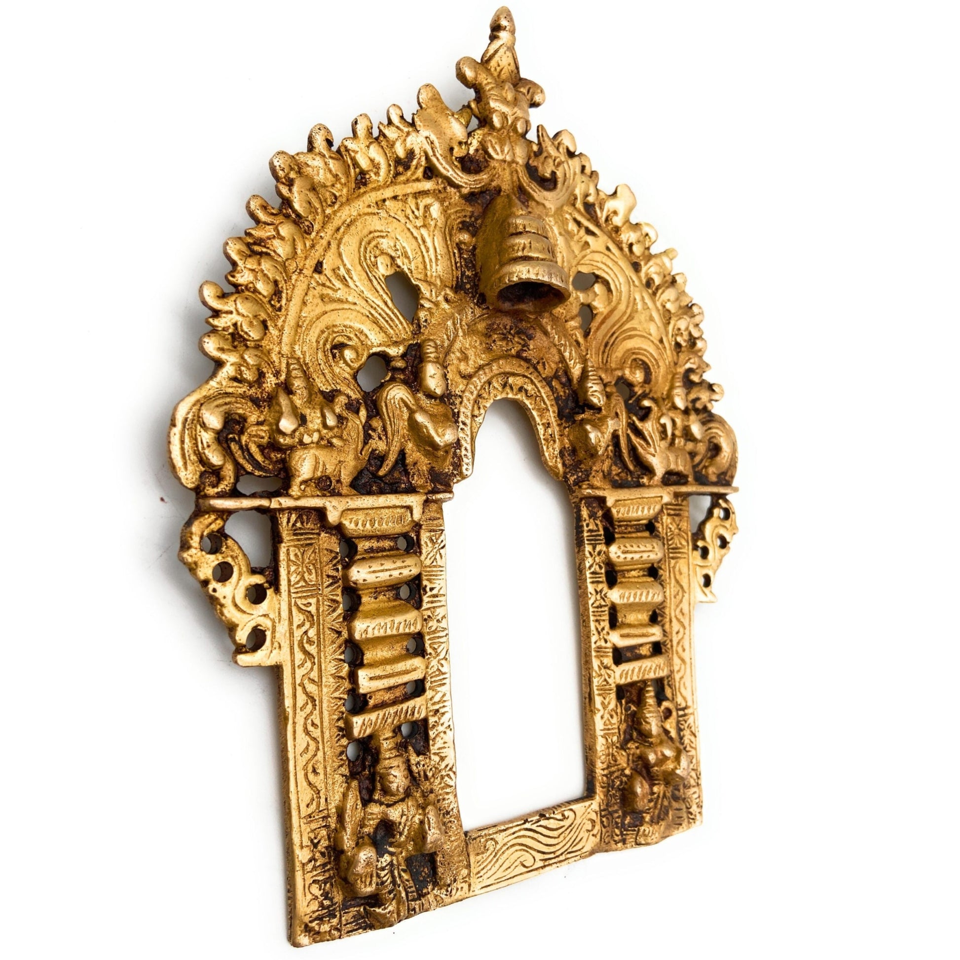 Bhunes Brass Handcrafted Prabhavali Frame with Two Dwarpal – Wall Hanging Arch for Temple & Home Decor | Prabhawali Backdrop for Deity, Mandir & Spiritual Pooja, Gold, 8.5 Inch, 1 Piece