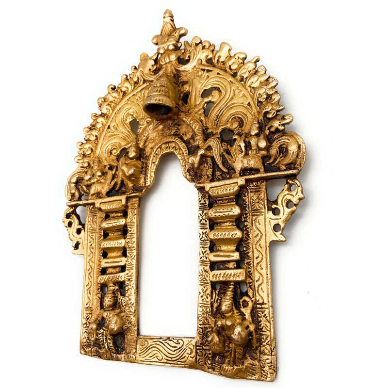 Bhunes Brass Handcrafted Prabhavali Frame with Two Dwarpal – Wall Hanging Arch for Temple & Home Decor | Prabhawali Backdrop for Deity, Mandir & Spiritual Pooja, Gold, 8.5 Inch, 1 Piece