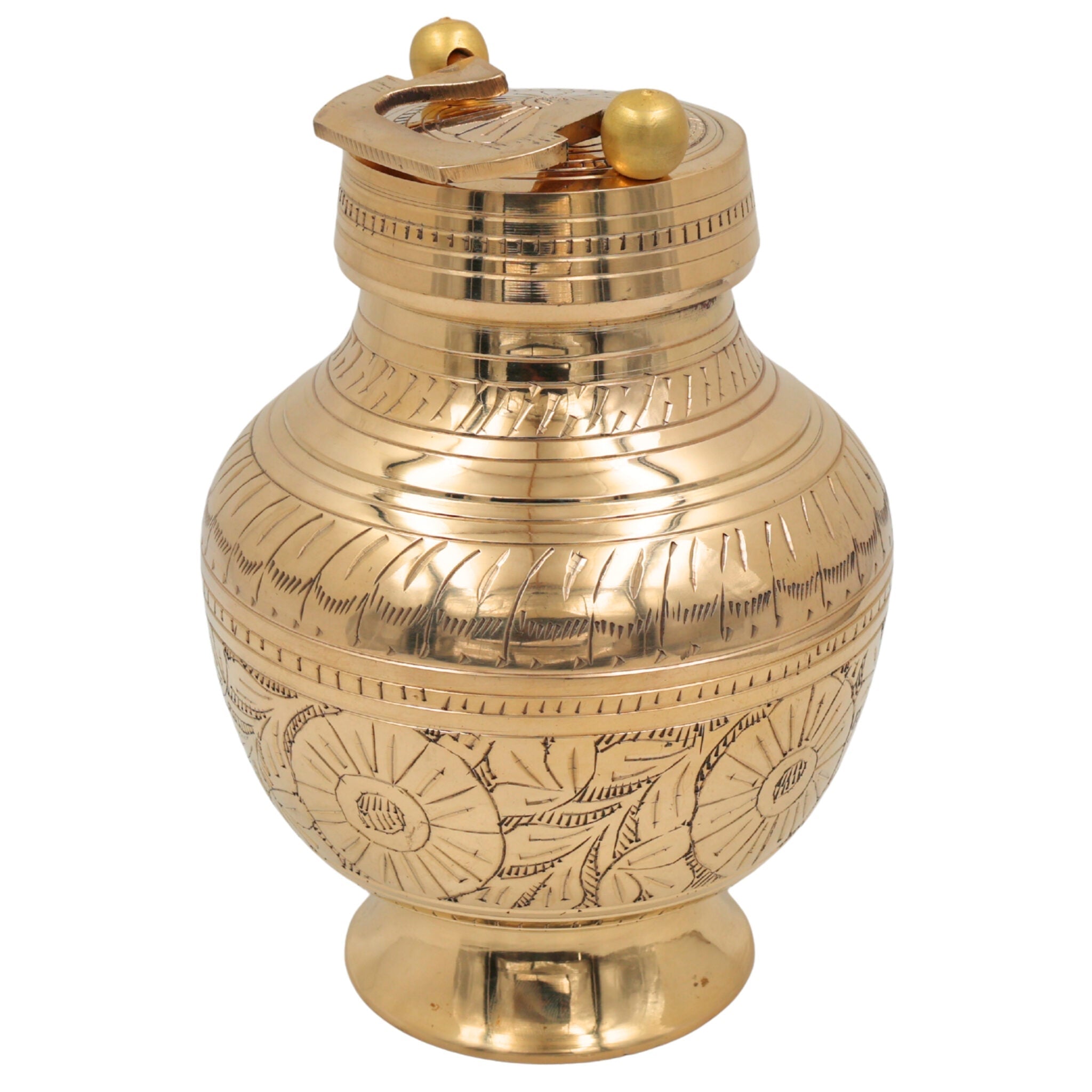 Brass Kamandalu Idol, Pooja Kamandal for Ganga Jal, Sacred Monk Pot, Ritual & Temple Brass Water Vessel, Hindu Ritual Kalash, Ashtadhatu Holy Vessel,Gold, 9 Inch, 1 Piece