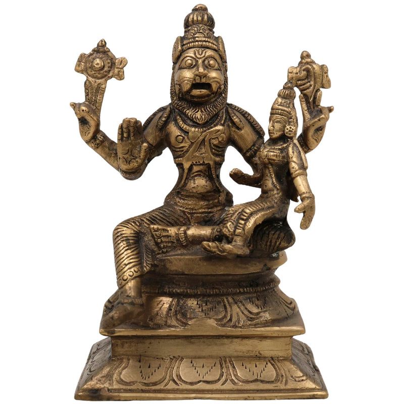 Brass Lakshmi Narasimha Swamy Idol – Yoga Narasimha, Lakshmi Nrisimha, Ugra Narasingha, Vishnu Avatar Statue for Puja, Temple & Home Decor, Gold, 6.5 Inch, 1 Piece