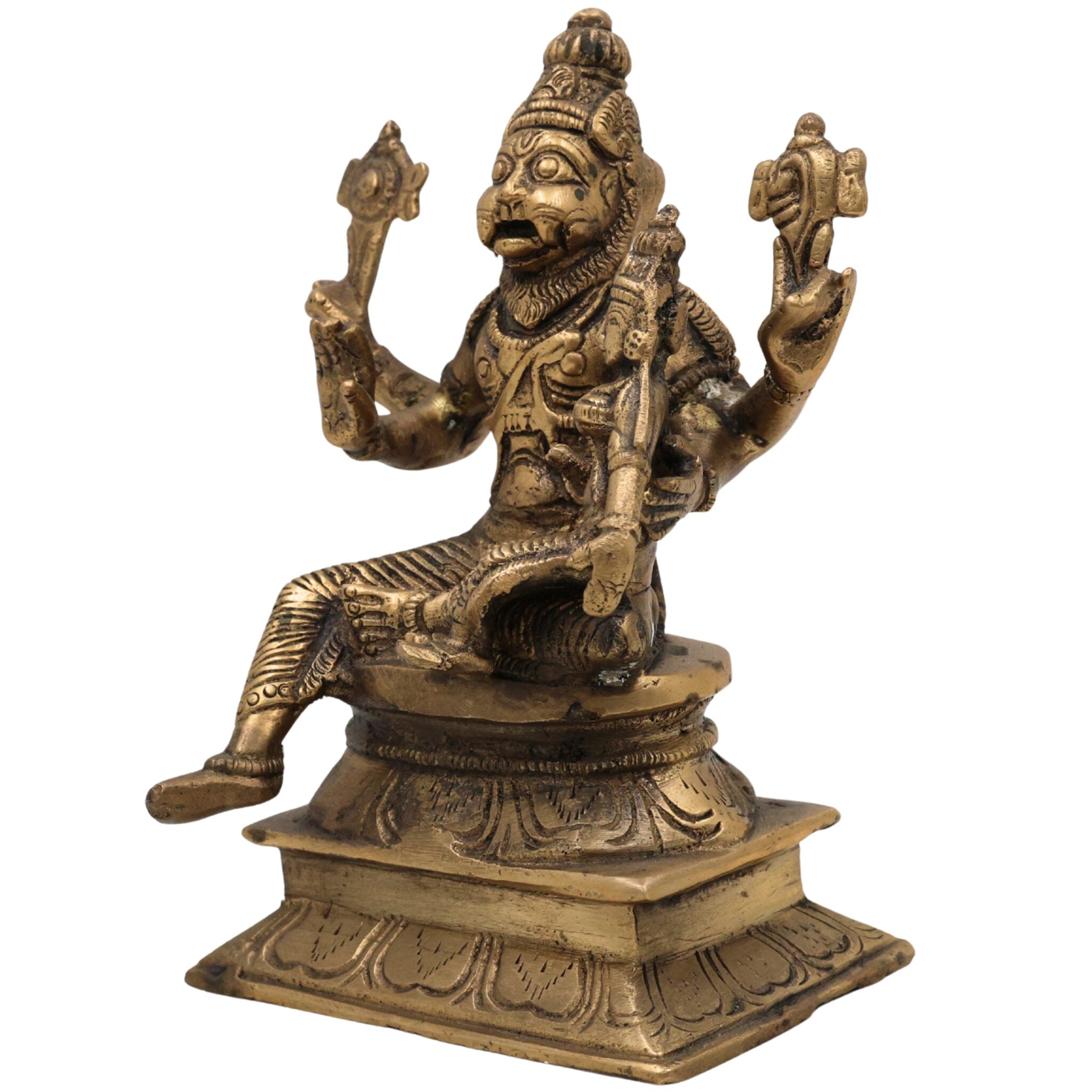 Brass Lakshmi Narasimha Swamy Idol – Yoga Narasimha, Lakshmi Nrisimha, Ugra Narasingha, Vishnu Avatar Statue for Puja, Temple & Home Decor, Gold, 6.5 Inch, 1 Piece