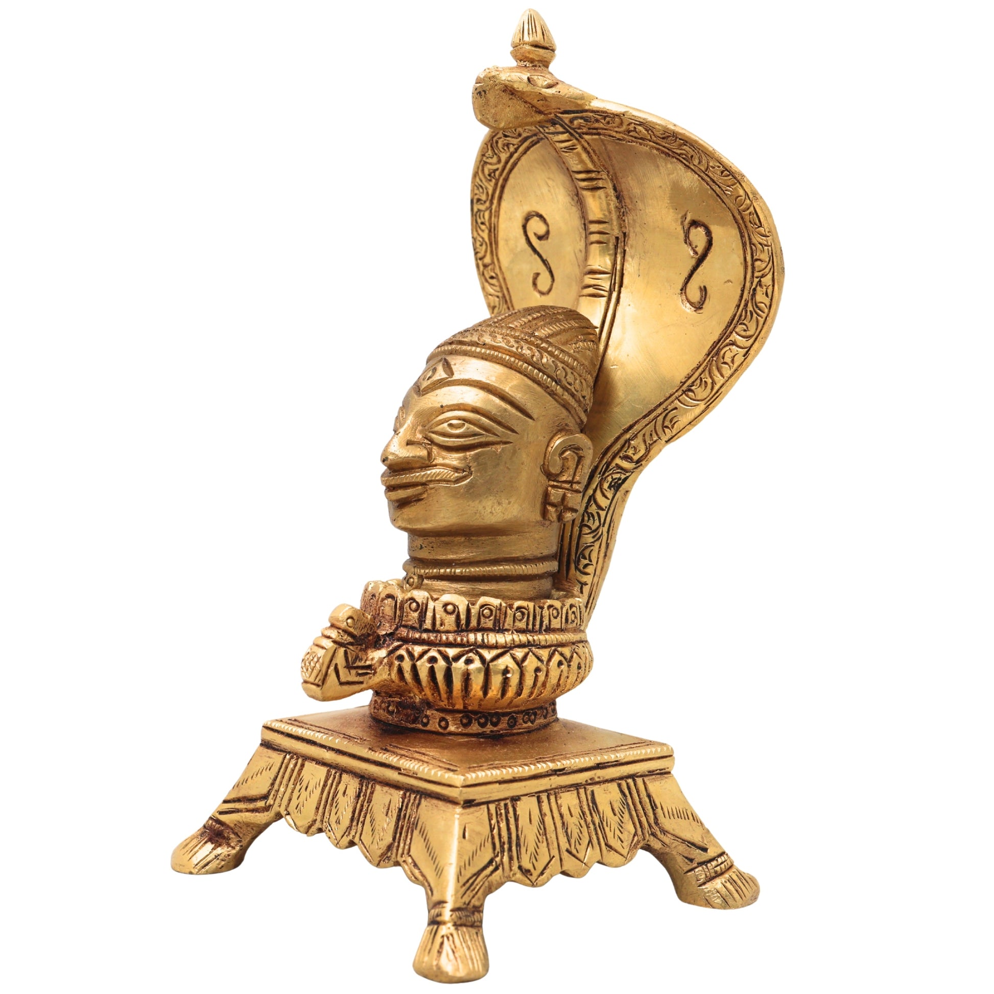 Brass Shiva head with Sheshnag, Handcrafted Shivling Idol Shivalingam Jyotirlinga Mahalingam Banalinga Narmadeshwar Lingam for Home Temple Puja & Gifting, Gold, 7 Inch, 1 Piece