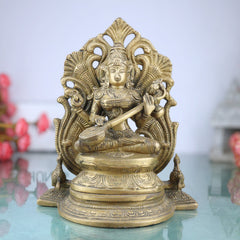 Brass Saraswati Idol, Peetal Sharada Devi Murti, Vagdevi Veenapani Statue, Bharati Gayatri Saraswati Vigraha for Pooja Room, Home Decor & Gifts,Gold, 9.5 Inch, 1 Piece