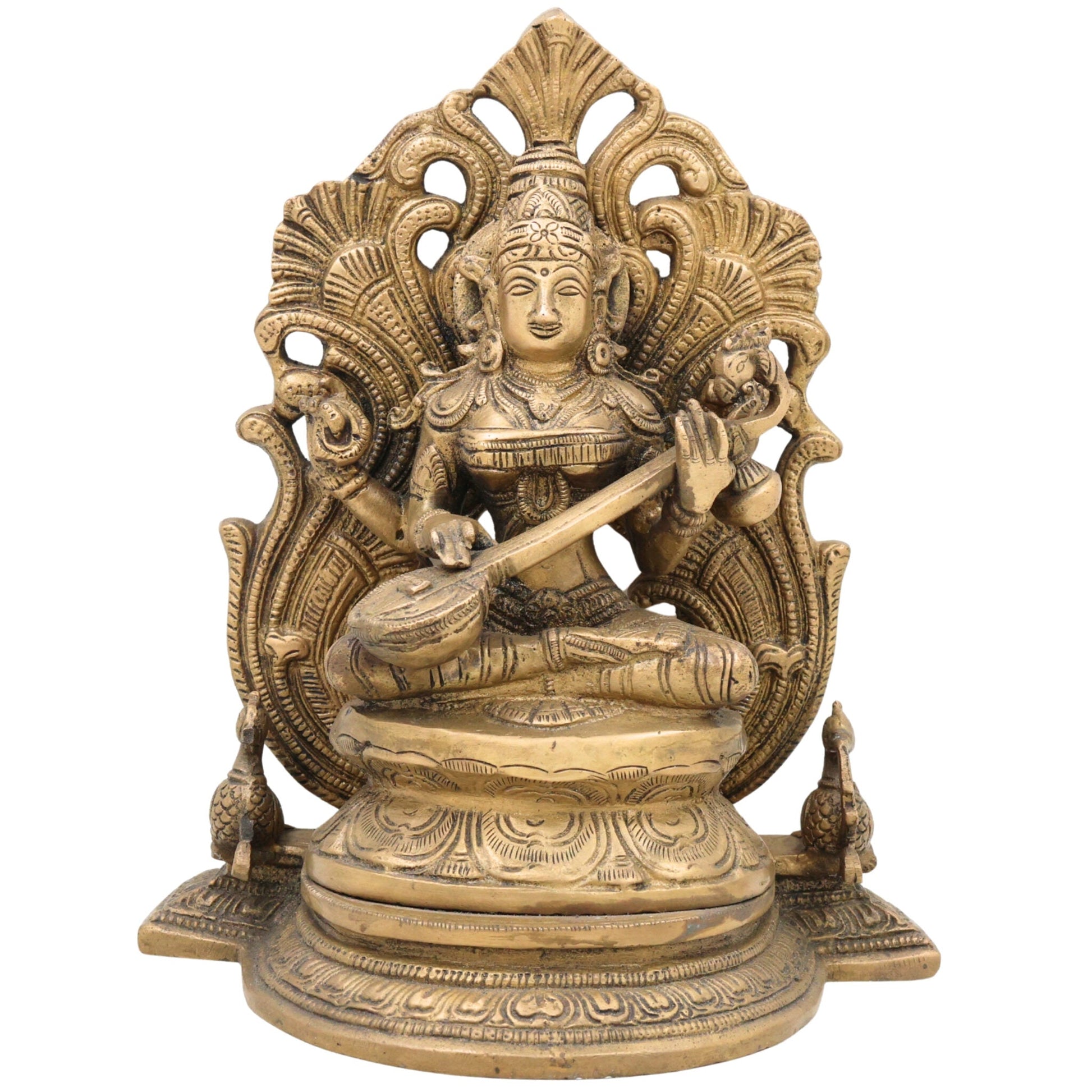 Brass Saraswati Idol, Peetal Sharada Devi Murti, Vagdevi Veenapani Statue, Bharati Gayatri Saraswati Vigraha for Pooja Room, Home Decor & Gifts,Gold, 9.5 Inch, 1 Piece